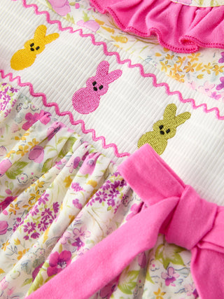 Easter Pink Bunny Embroidered Floral Long-Sleeved Girl Bloomer Set