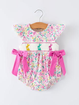 Easter Colorful Floral Bunny Bow Smocking Embroidery Baby Girl Romper