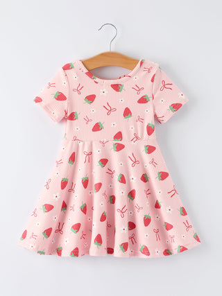 Strawberry Bow Girls Short Sleeves Dress