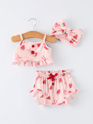 Strawberry Bow Baby Girls Short Sleeves Bloomer Set