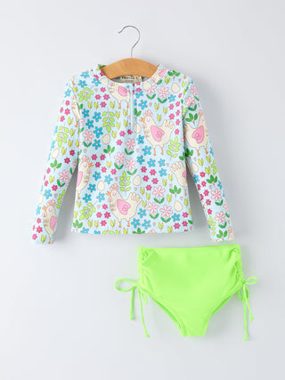 Summer Chicken Print Girls Long Sleeve Swim Set