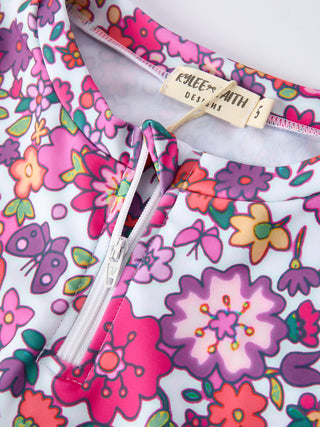 Hot Pink Summer Floral Girls Long-Sleeved Swimsuit Set