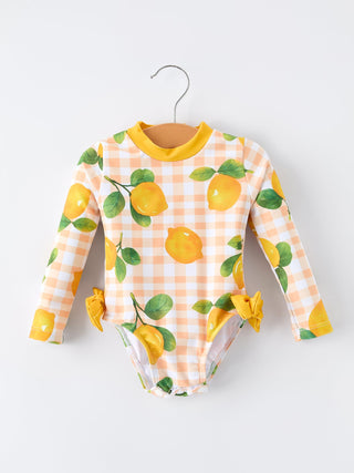 Lemon Print Long Sleeve Girls One Piece Swimsuit