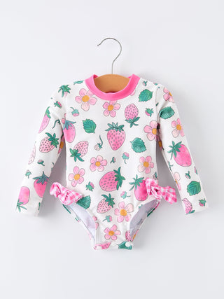 Strawberry Floral Print Long Sleeve Girls One Piece Swimsuit