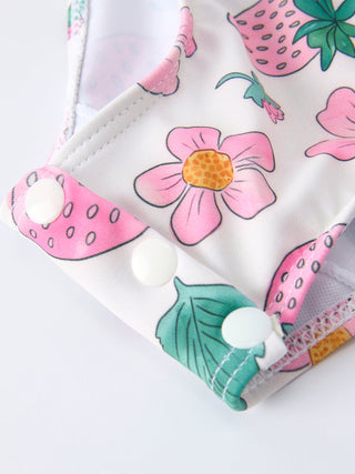 Strawberry Floral Print Long Sleeve Girls One Piece Swimsuit