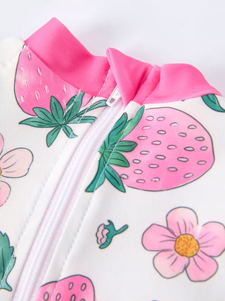 Strawberry Floral Print Long Sleeve Girls One Piece Swimsuit