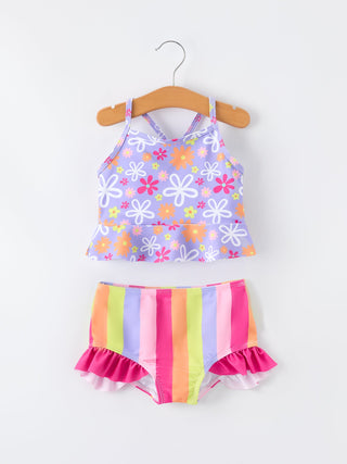 Summer Rainbow Striped Girls Two Piece Swimsuit