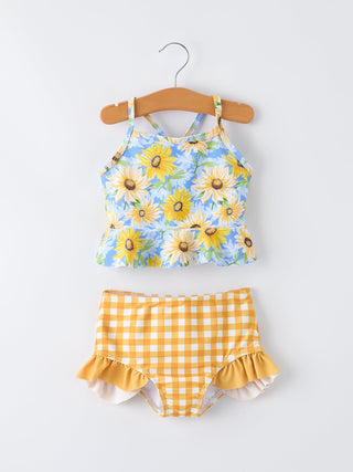 Summer Sunflower Plaid Girls Two Piece Swimsuit