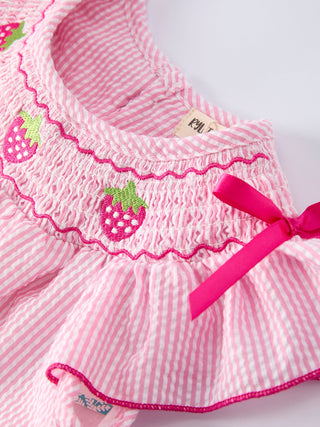 Strawberry Smocked Girl Dress Bow Ruffle