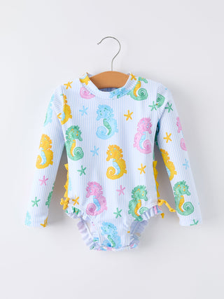 Summer Seahorse Print Girl Long Sleeve Ruffle One Piece Swimsuit