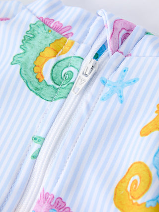 Summer Seahorse Print Girl Long Sleeve Ruffle One Piece Swimsuit
