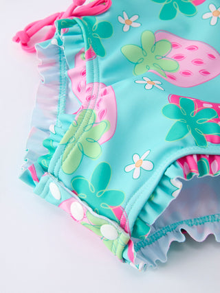 Summer Strawberry Print Girl Long Sleeve Ruffle One Piece Swimsuit