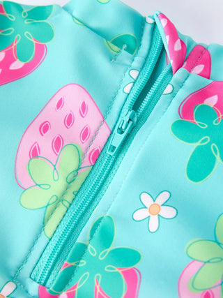 Summer Strawberry Print Girl Long Sleeve Ruffle One Piece Swimsuit