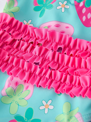 Summer Strawberry Print Girl Long Sleeve Ruffle One Piece Swimsuit