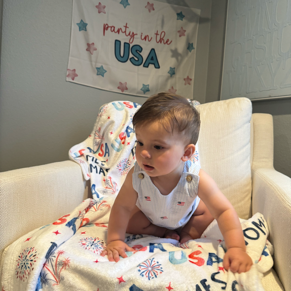 Personalized Patriotic USA Blanket - Custom Name 4th of July Holiday Memorial Day Summer