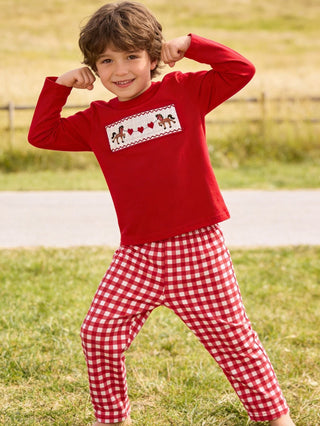 Red Valentine's Day Plaid Smocking Embroidered  Pony Boys Set