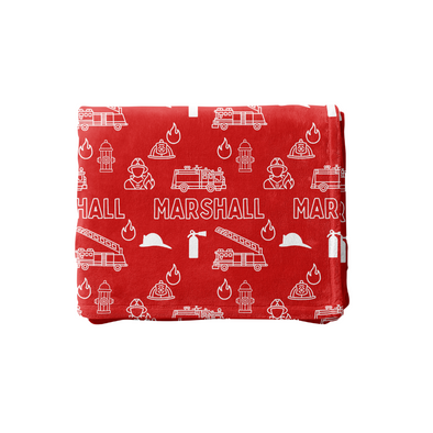 a red bag with a picture of a firetruck and firetruck on