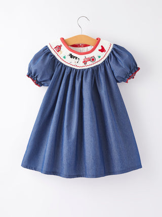 Girls Farm Smocking Embroidered Blue Dress