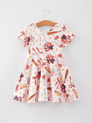 Baseball Drink Hot Dog Print Milk Silk Girls Dress