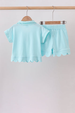 Light blue scalloped zipper shorts set