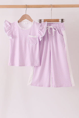 Lavender polka dot pocket ruffle pants set