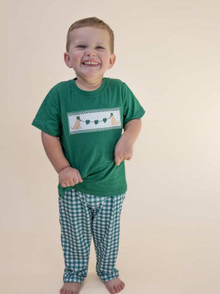 Boys St. Patrick’s Day Shamrock Puppy Smocked Plaid Set