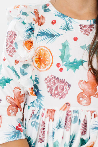 Classic Christmas 3/4 Sleeve Ruffle Twirl Dress