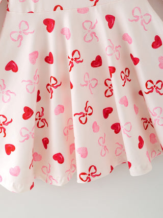 Toddler Girls Valentine Bow Heart Shape Print Dress