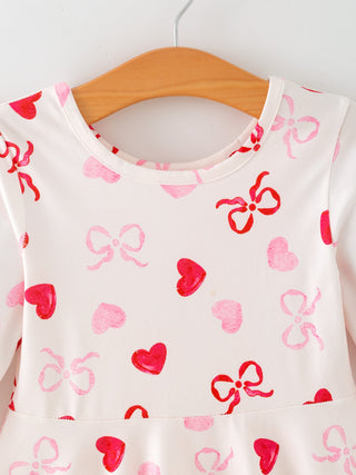 Toddler Girls Valentine Bow Heart Shape Print Dress