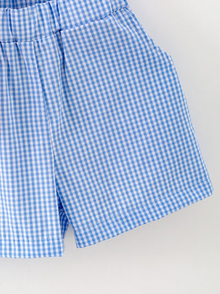 Toddler Boys Red Baseball Smocked Tee and Blue Plaid Shorts Set