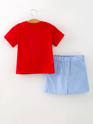Toddler Boys Red Baseball Smocked Tee and Blue Plaid Shorts Set