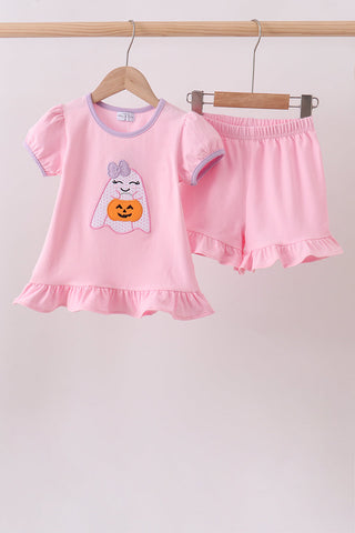Pink ghost pumpkin embroidery ruffle shorts set