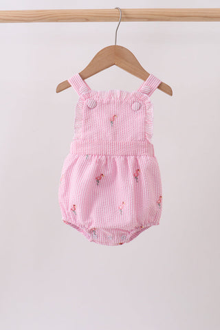 Pink stripe seersucker flamingo embroidery ruffle bubble