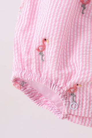 Pink stripe seersucker flamingo embroidery ruffle bubble