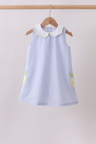 Blue stripe seersucker lemon applique dress