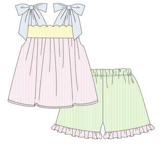 Pink stripe seersucker bow ruffle shorts set