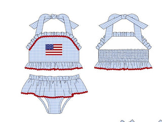 Blue flag applique gingham ruffle 2pc swimsuit