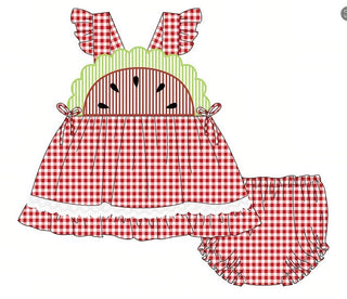 Red watermelon ruffle gingham bloomer set