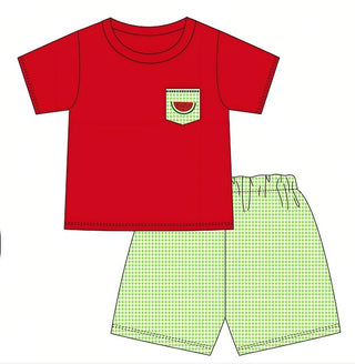 Red watermelon embroidery shorts set