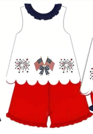 Red flag fireworks embroidery ruffle shorts set