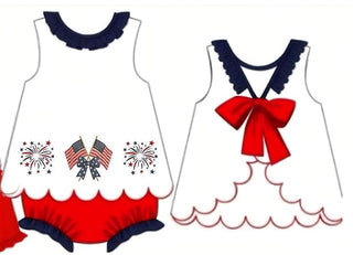Red flag fireworks embroidery ruffle bloomer set