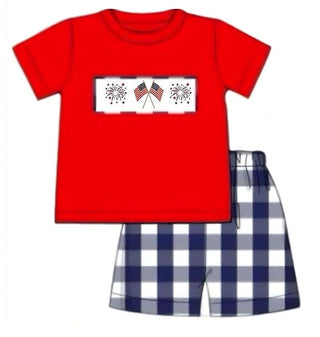 Red flag fireworks embroidery shorts set