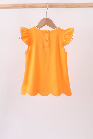 Orange flutter sleeve scalloped top