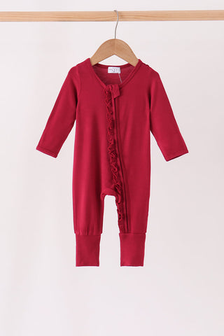 Burgundy ruffle zipper bamboo romper – wholesale for boutiques | Honeydew USA