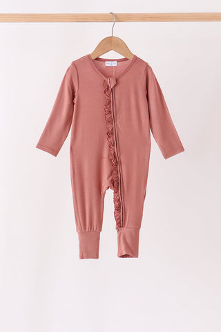 Dusty rose ruffle zipper bamboo anti-slip romper – wholesale for boutiques | Honeydew USA