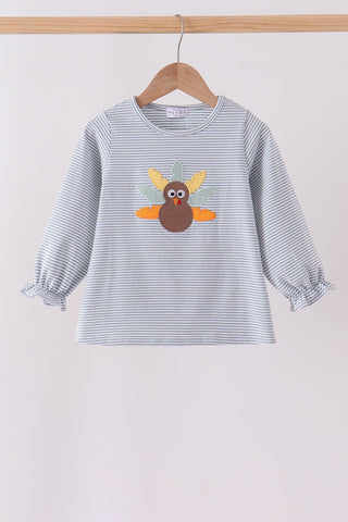 Sage turkey embroidery stripe top