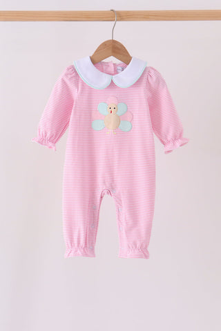 Pink turkey embroidery stripe romper