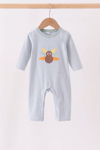 Sage turkey embroidery stripe romper