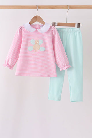Pink turkey embroidery stripe pants set