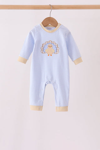 Blue turkey embroidery stripe romper